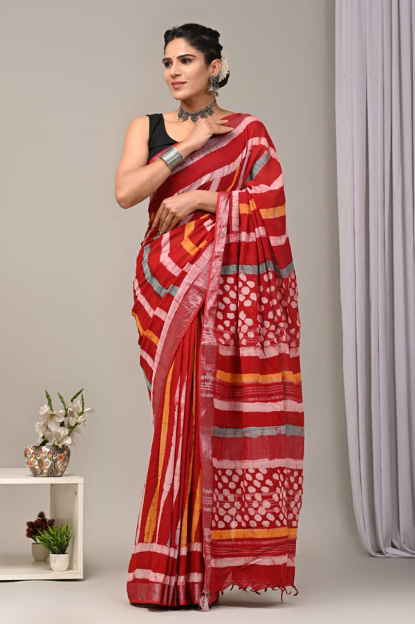 Hand Block Print Linen Saree with Blouse .