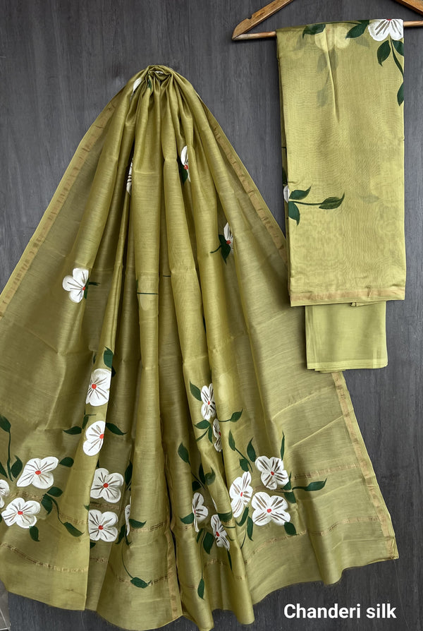 Pure Hand Block Chanderi Silk Unstitched Suit.