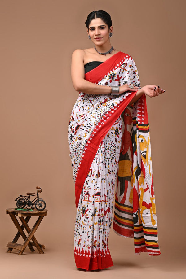 Pure  Mul cotton Hand print saree with Blouse.