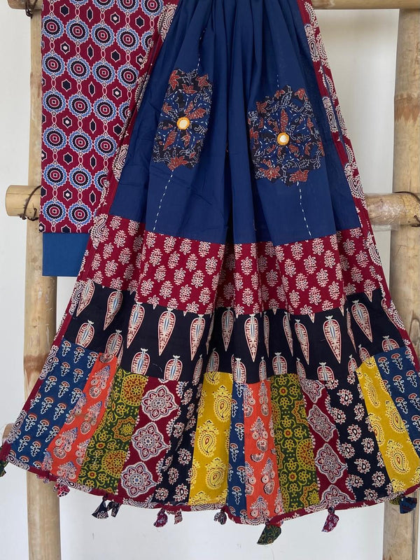 Pure Cotton Azrakh Print Unstitched suit With patch work Dupatta.