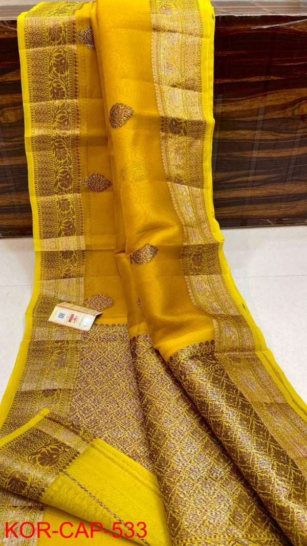 Pure Banarasi Kora Organza Silk Handwoven Zari Work Saree With Silk Mark Certificate ( Length- 6.3 Meter )