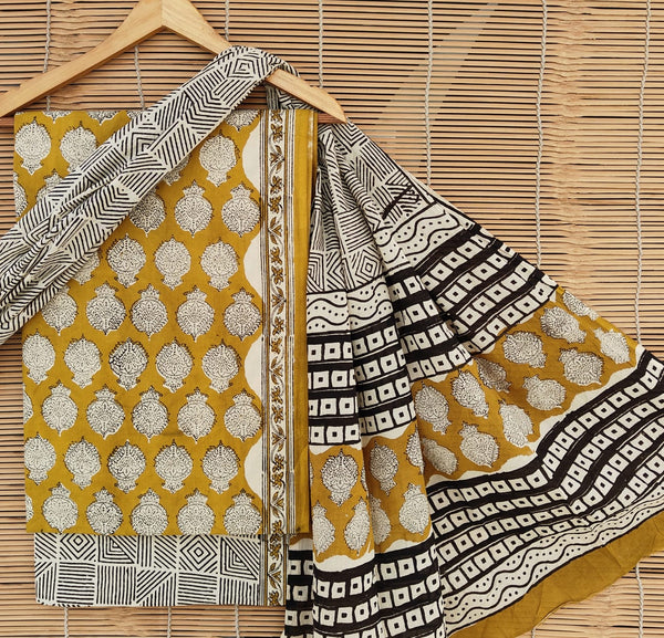 Pure Cotton Hand-Block Print unstitched suit with cotton dupatta .