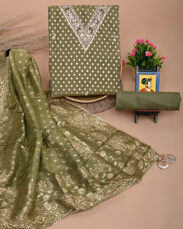 Pure Chanderi Silk Hand Work Unstitched Suit With Dhola Silk Dupatta.