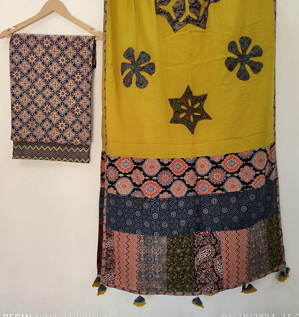 Pure Cotton Azrakh Print Unstitched suit With Patch Work Dupatta.