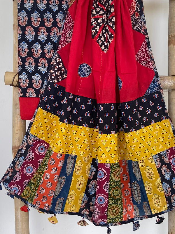 Pure Cotton Azrakh Print Unstitched suit With patch work Dupatta.