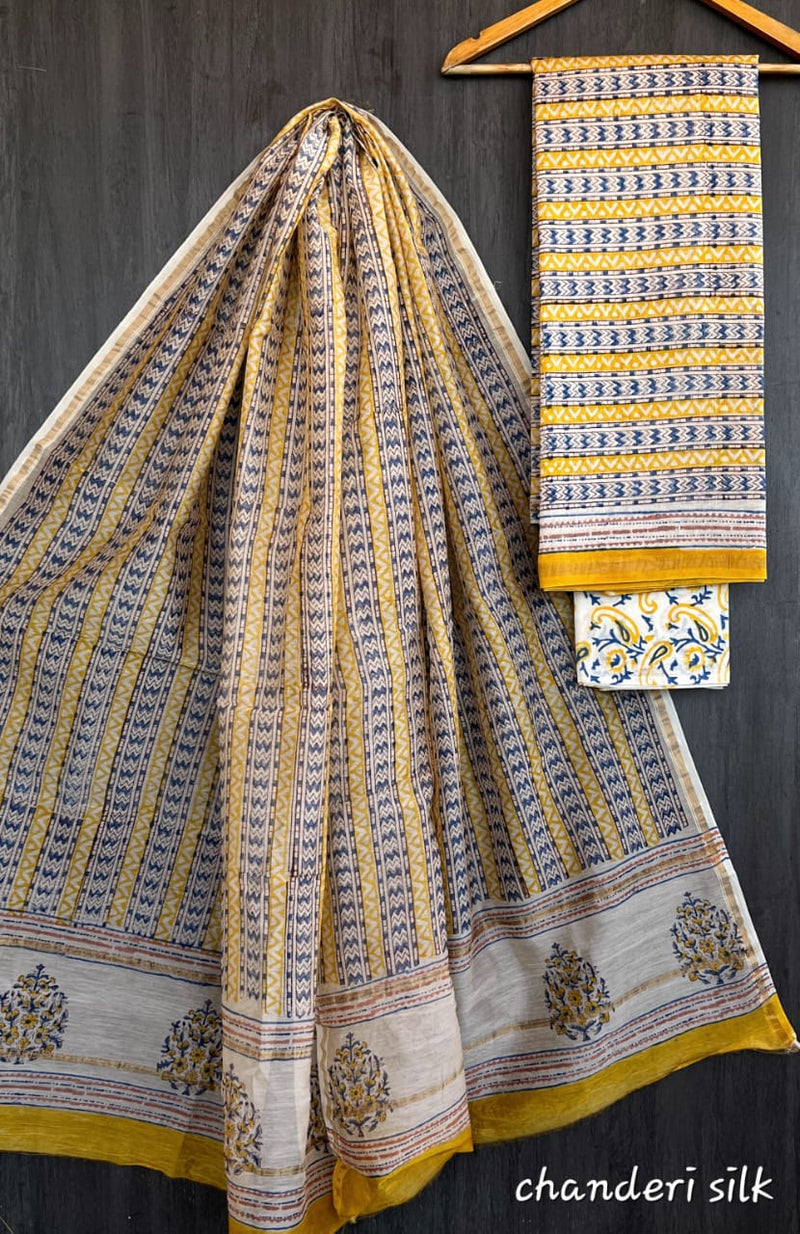 Pure Hand Block Chanderi Silk Unstitched Suit.