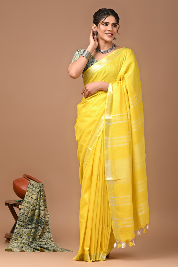 Hand Block Print Linen Saree with Blouse .