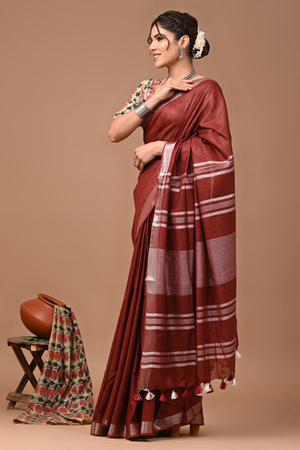 Hand Block Print Linen Saree with Blouse .