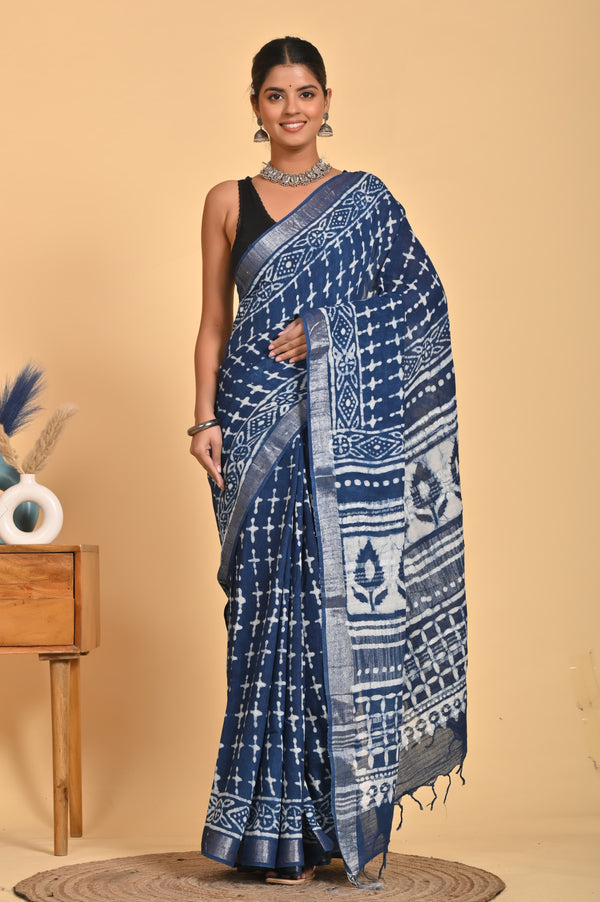 Hand Block Print Linen Saree with Blouse .