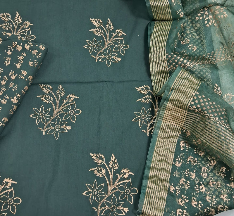 Pure Cotton Hand Block Unstitched Suit With organza Dupatta .