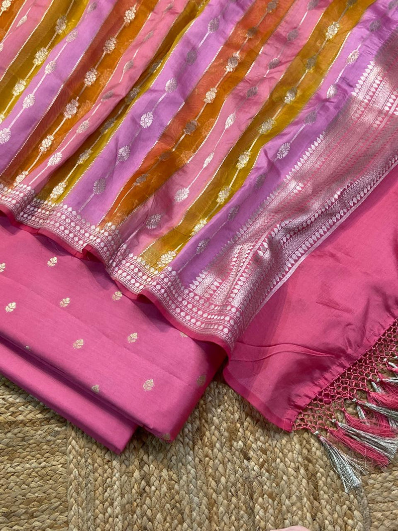 Pure Banarasi Handloom Raw Silk Zari Work Unstitched Suit With Organza Khhadi Dupatta.