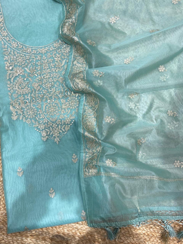 Pure Banarasi Organza Silk Zari Embroidery Unstitched Suit.