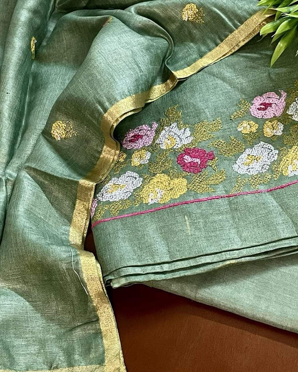 Bhagalpuri Cotton Linen Embroidery Unstitched suit.