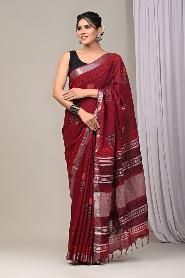 Hand Block Print Linen Saree with Blouse .