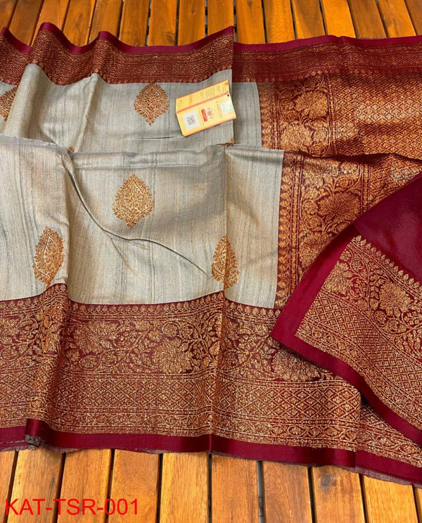 Handwoven Pure Banarasi Tussar Silk Saree With Antique Zari Work.