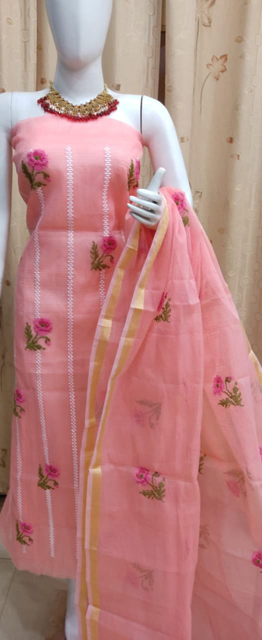 Pure kota Doriya Embroidery Work Unstitched Suit .