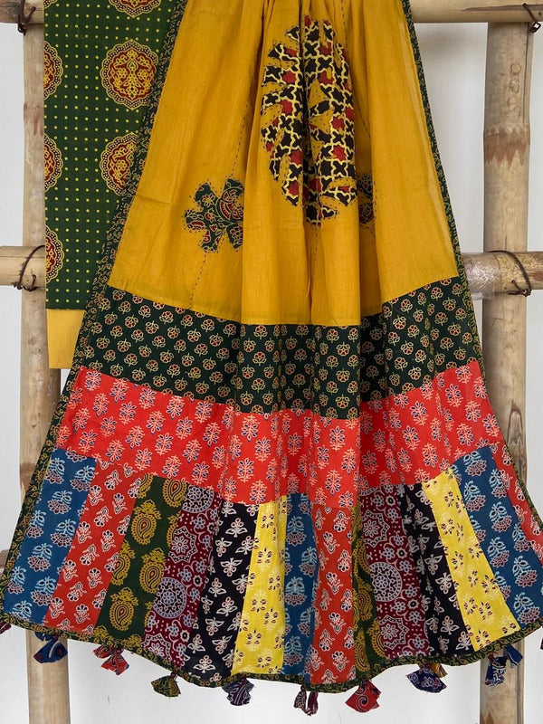 Pure Cotton Azrakh Print Unstitched suit With patch work Dupatta.