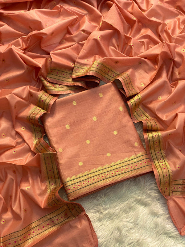 Pure Banarasi Chanderi Silk Meenakari Weaved Unstitched Suit.