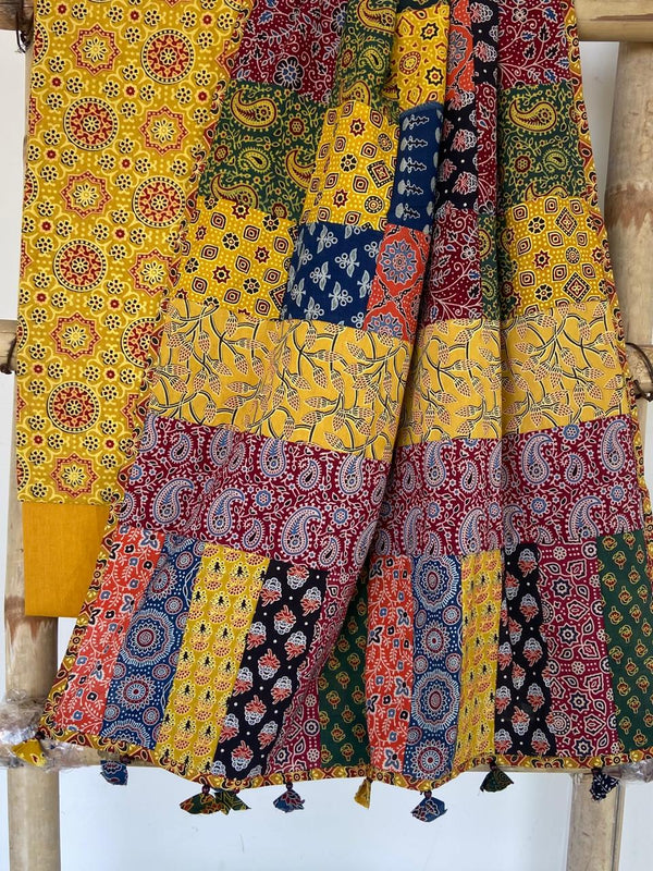 Pure Cotton Azrakh Print Unstitched suit With Patch Work Dupatta.