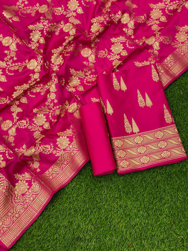 Pure Banarasi Double Zari Weaved Silk Unstitched Suit With Banarasi Silk Dupatta .