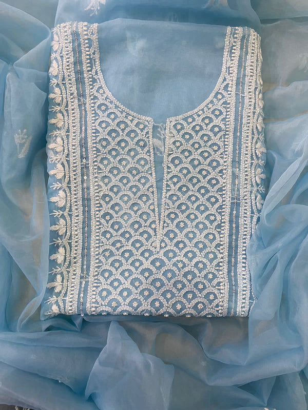 Pure Organza Chikankari Hand Work Unstitched Suit with Pearl Work