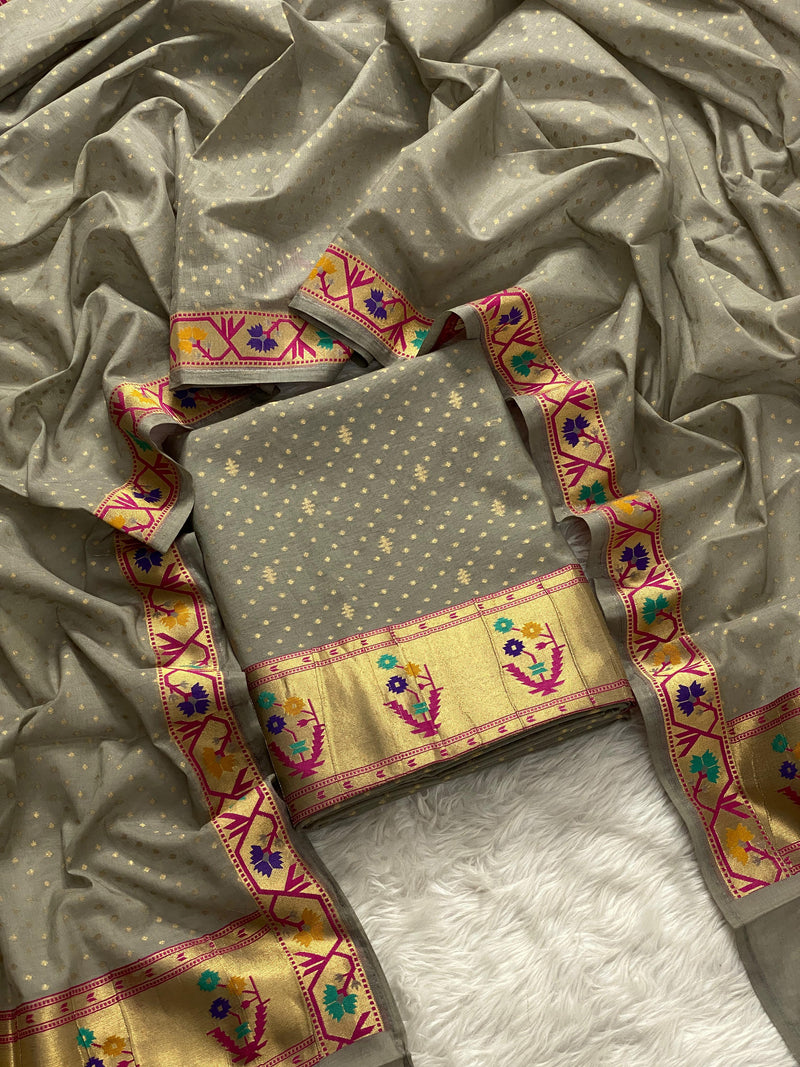 Pure Banarasi Kora Cotton Pathni Weaved unstitched Suit.