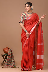 Hand Block Print Linen Saree with Blouse .