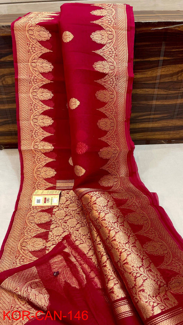 Pure Banarasi Kora Organza Silk Handwoven Zari Work Saree With Silk Mark Certificate ( Length- 6.3 Meter )