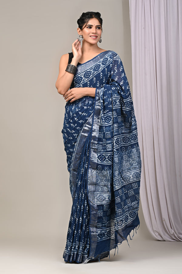 Hand Block Print Linen Saree with Blouse .