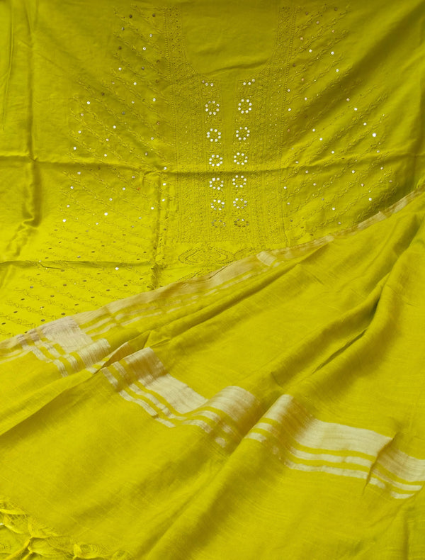 Pure Chanderi Silk 70grm Chikankari And Mukaish Work Unstitched Suit .