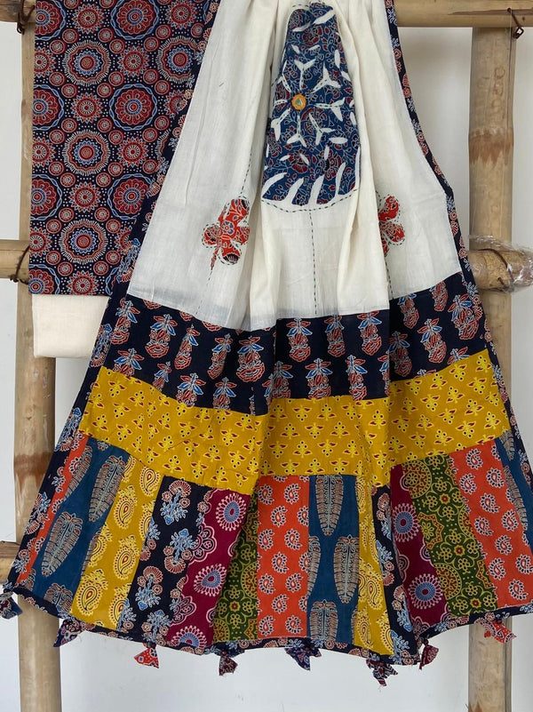 Pure Cotton Azrakh Print Unstitched suit With patch work Dupatta.