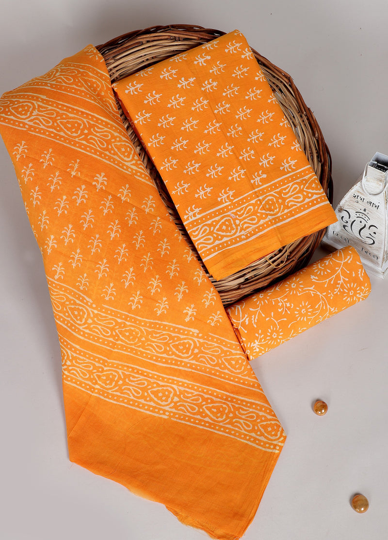 Pure Cotton Hand-Block Print unstitched suit with cotton dupatta .