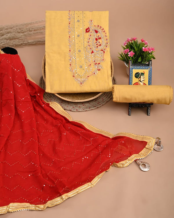 Pure Chanderi Silk Hand Work Unstitched Suit With Dhola Silk Dupatta.