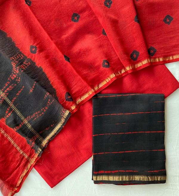 Pure Hand Block Chanderi Silk Unstitched Suit .