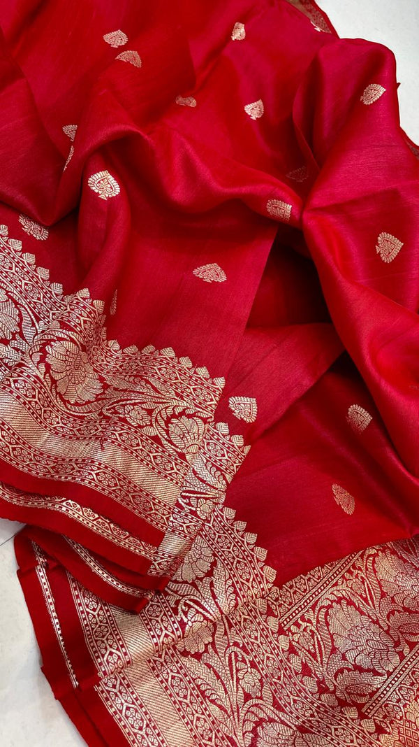 Handwoven Pure Banarasi Tussar Silk Saree With Antique Zari Work.