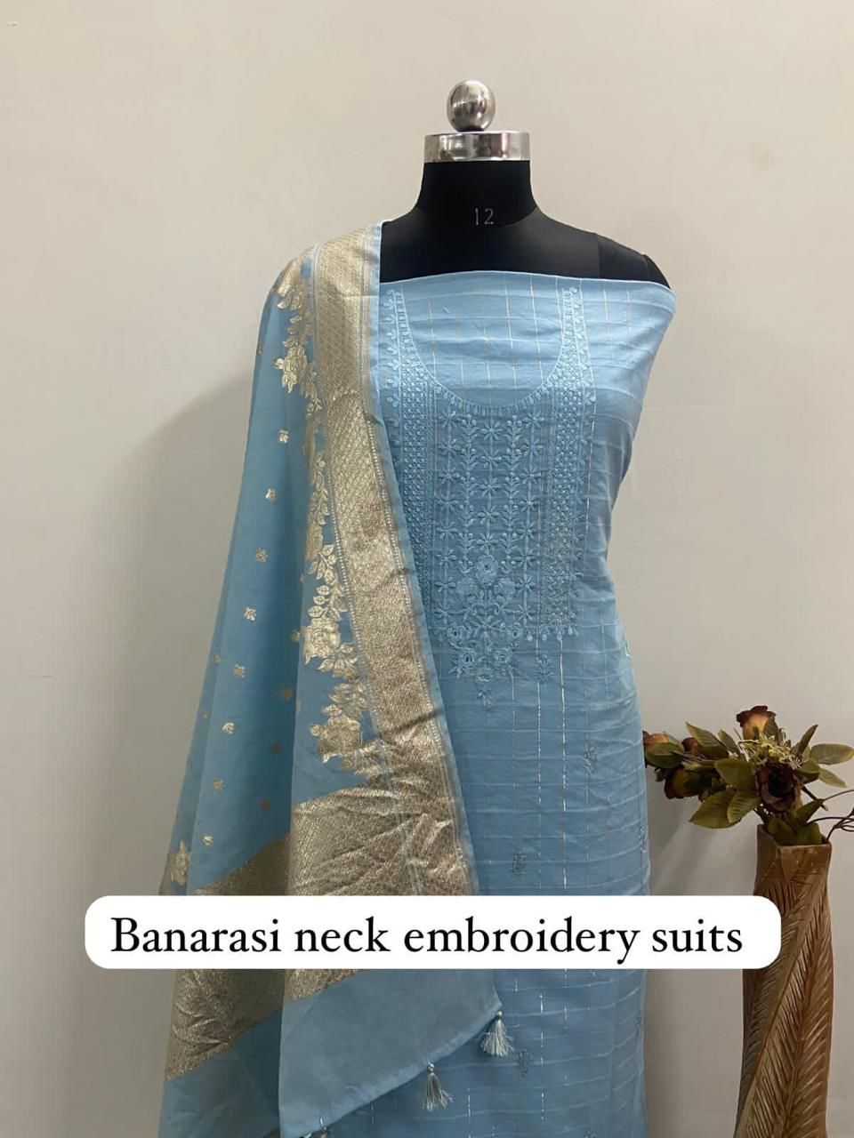 Banarasi Chanderi Lurex Neck Embroidery Unstitched Suit With Cotton Lurex Dupatta.