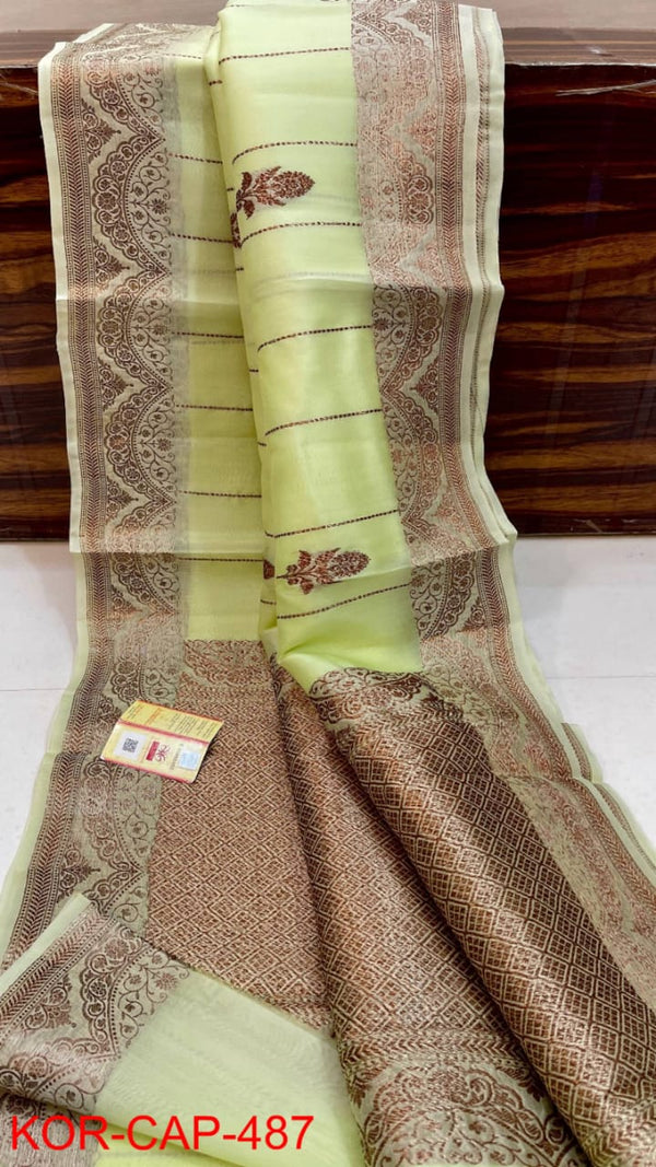 Pure Banarasi Kora Organza Silk Handwoven Zari Work Saree With Silk Mark Certificate ( Length- 6.3 Meter )