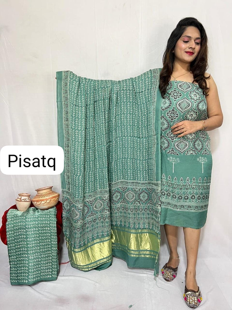 Pure Modal Silk Zari Pallu Weaved 3pc Unstitched Suit .