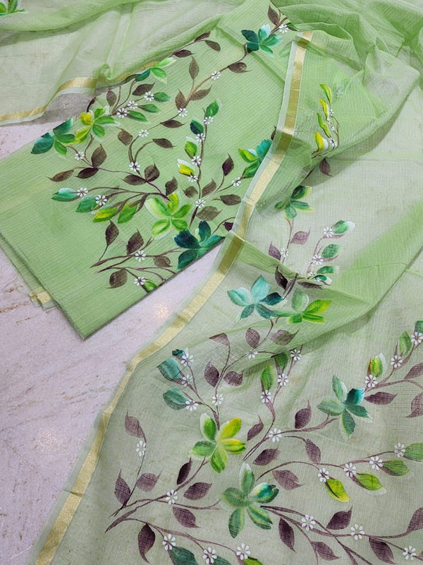 Pure Kota Doria Hand Brush Print Work Unstitched Suit with Dupatta