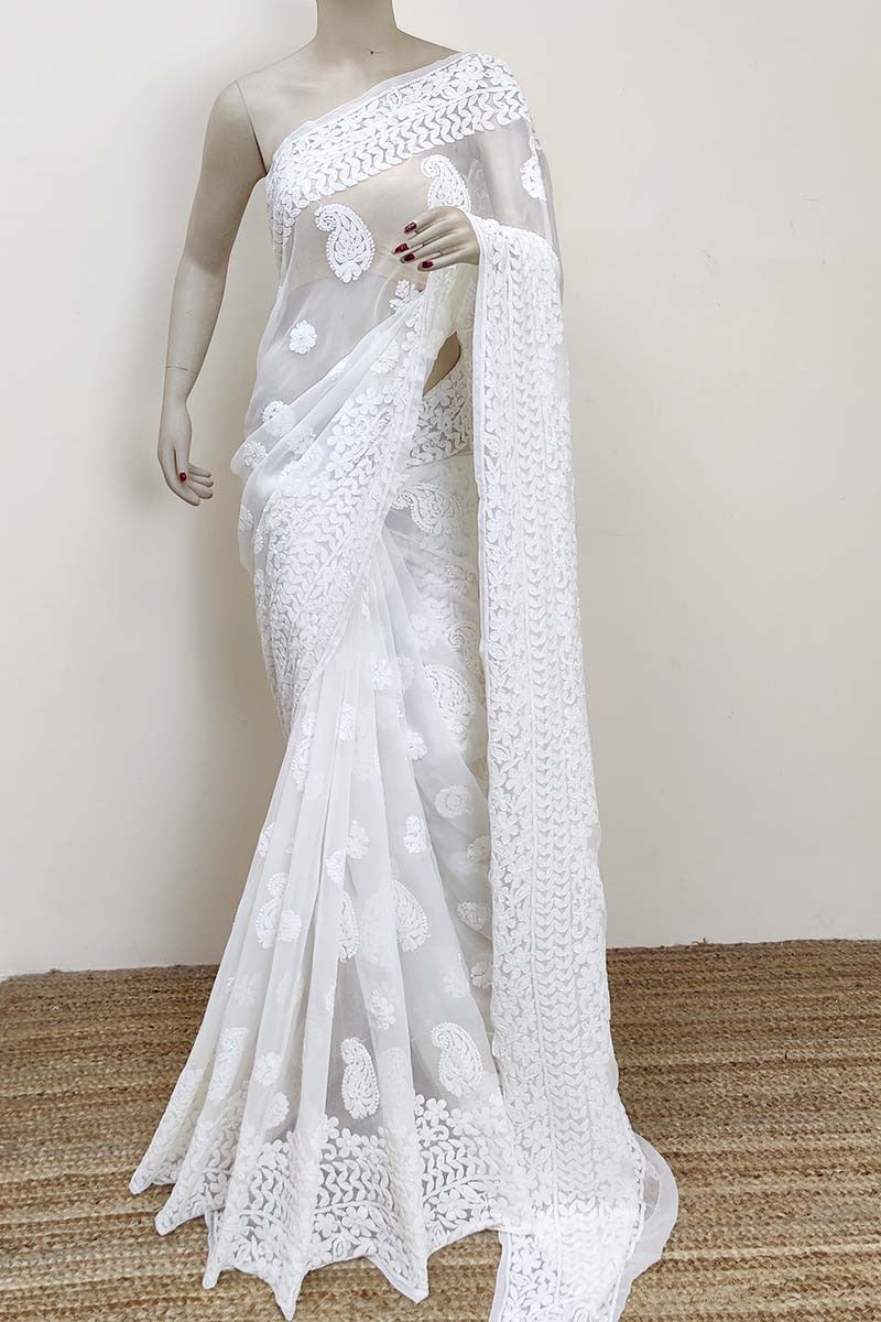 Pure Chiffon Georgette Chikankari Hand Embroidery Work Saree.