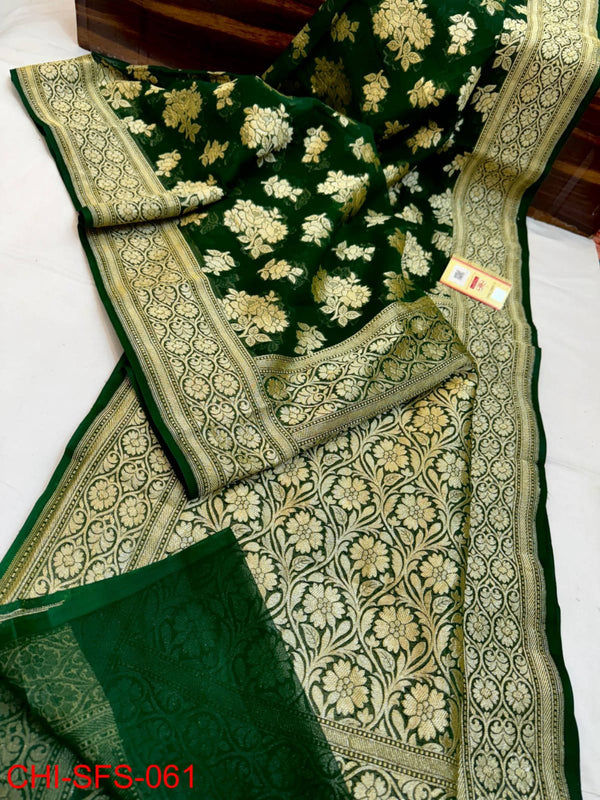 Pure Banarasi Handloom Khaddi Georgette Silk Saree With Beautiful Antique Zari Work