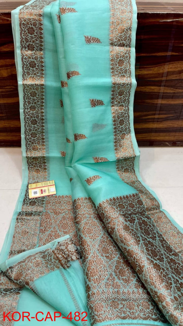 Pure Banarasi Kora Organza Silk Handwoven Zari Work Saree With Silk Mark Certificate ( Length- 6.3 Meter )