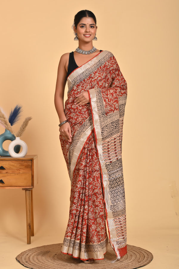 Hand Block Print Linen Saree with Blouse .