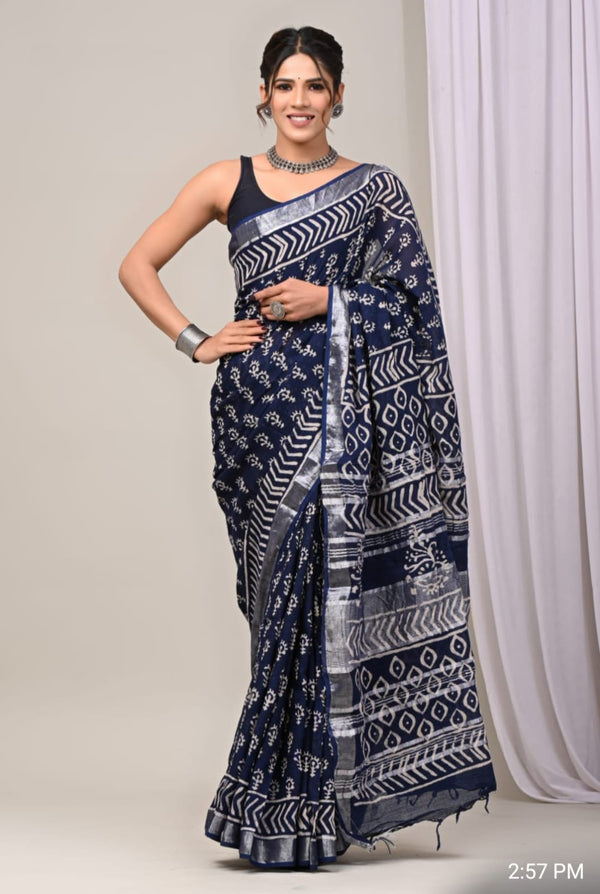 Hand Block Print Linen Saree with Blouse .