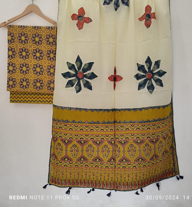 Pure Cotton Azrakh Print Unstitched suit With Patch Work Dupatta.