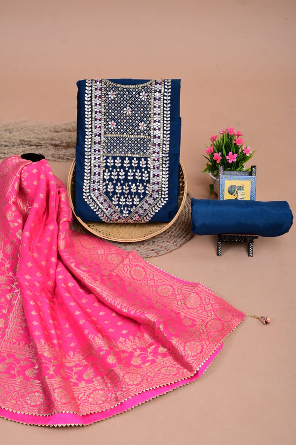 Pure Chanderi Silk Hand Work Unstitched Suit With Dhola Silk Dupatta.