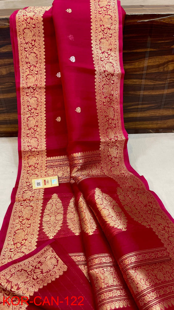 Pure Banarasi Kora Organza Silk Handwoven Zari Work Saree With Silk Mark Certificate ( Length- 6.3 Meter )