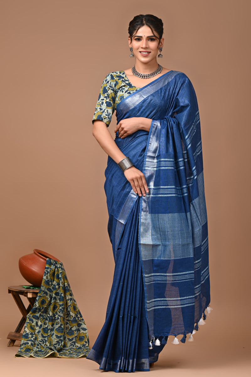 Hand Block Print Linen Saree with Blouse .