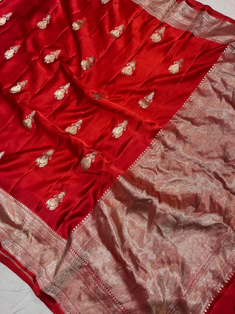 Pure Banarasi Handloom Mashur Kaduwa Satan Silk Zari Saree With Blouse.