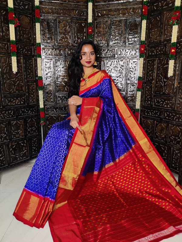 Pure Pochampally Ikkat Silk Saree With Blouse Pthani Pattern  Border.